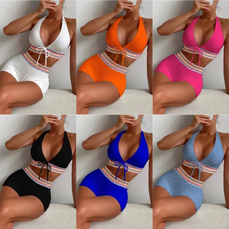Women's high waist bikini suit in a choice of six colours with striped or solid patterns
