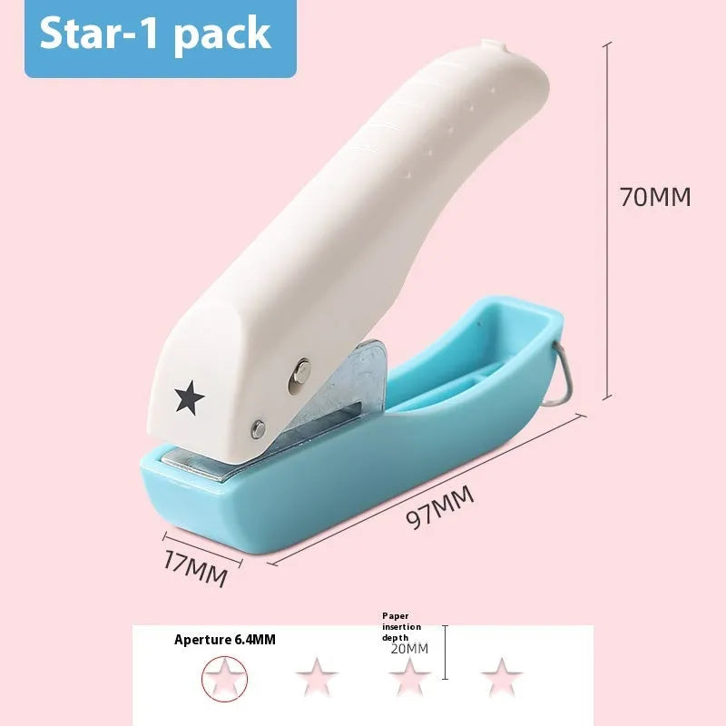 Small manual craft punching machine with interchangeable Love, Star, 4mm and 6mm round punch heads.