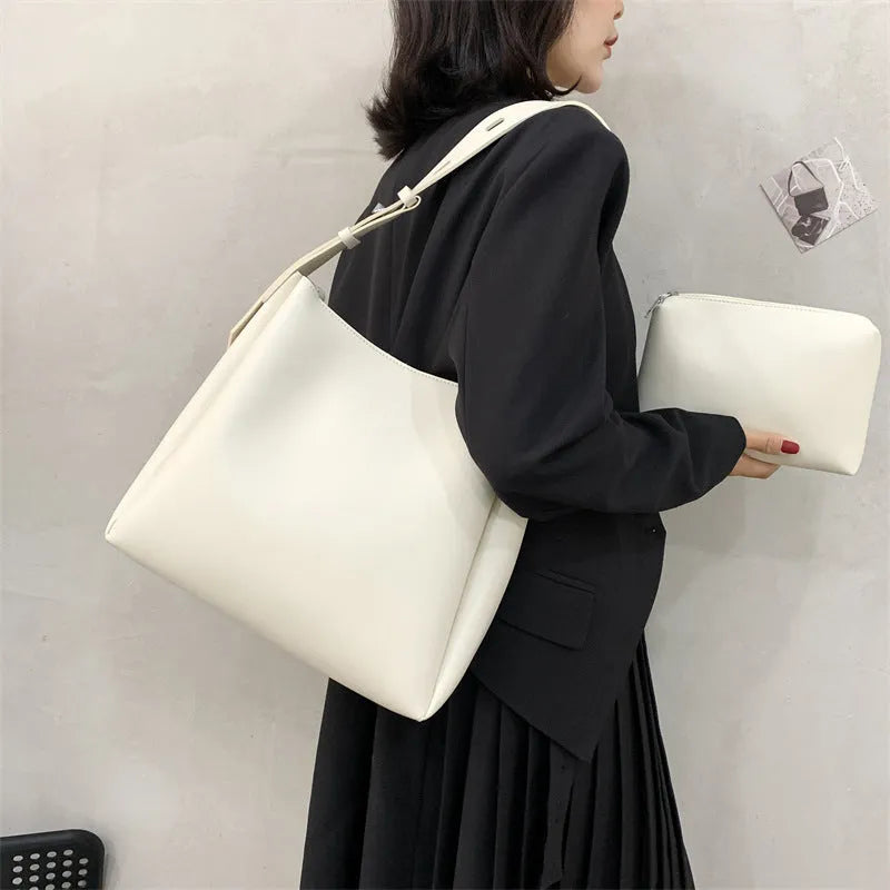 Large women's soft PU tote bag set with small bag in khaki colour, 33cm wide