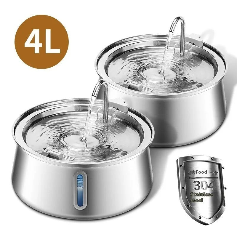 4L stainless steel pet water dispenser with window, double outlet and USB pump for dogs and cats