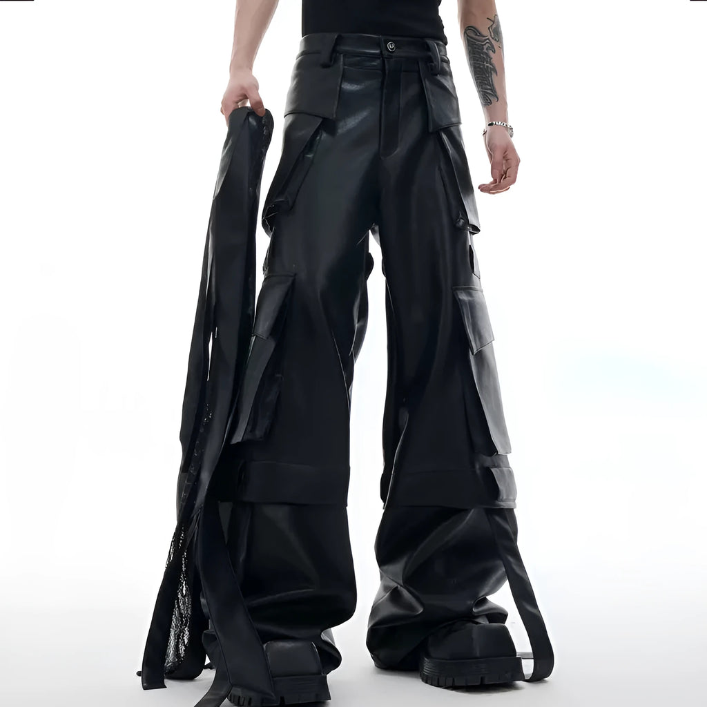 Black loose-fit quilted trousers with multiple pockets on a mannequin.