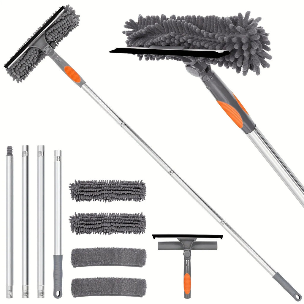 Two-in-one glass squeegee with stainless steel pole sections, rotating head and four cloth covers in blue, orange or grey