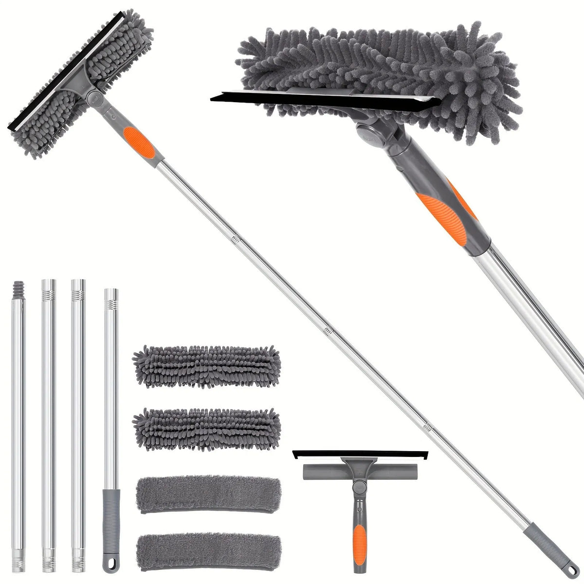 Two-in-one glass squeegee with stainless steel pole sections, rotating head and four cloth covers in blue, orange or grey