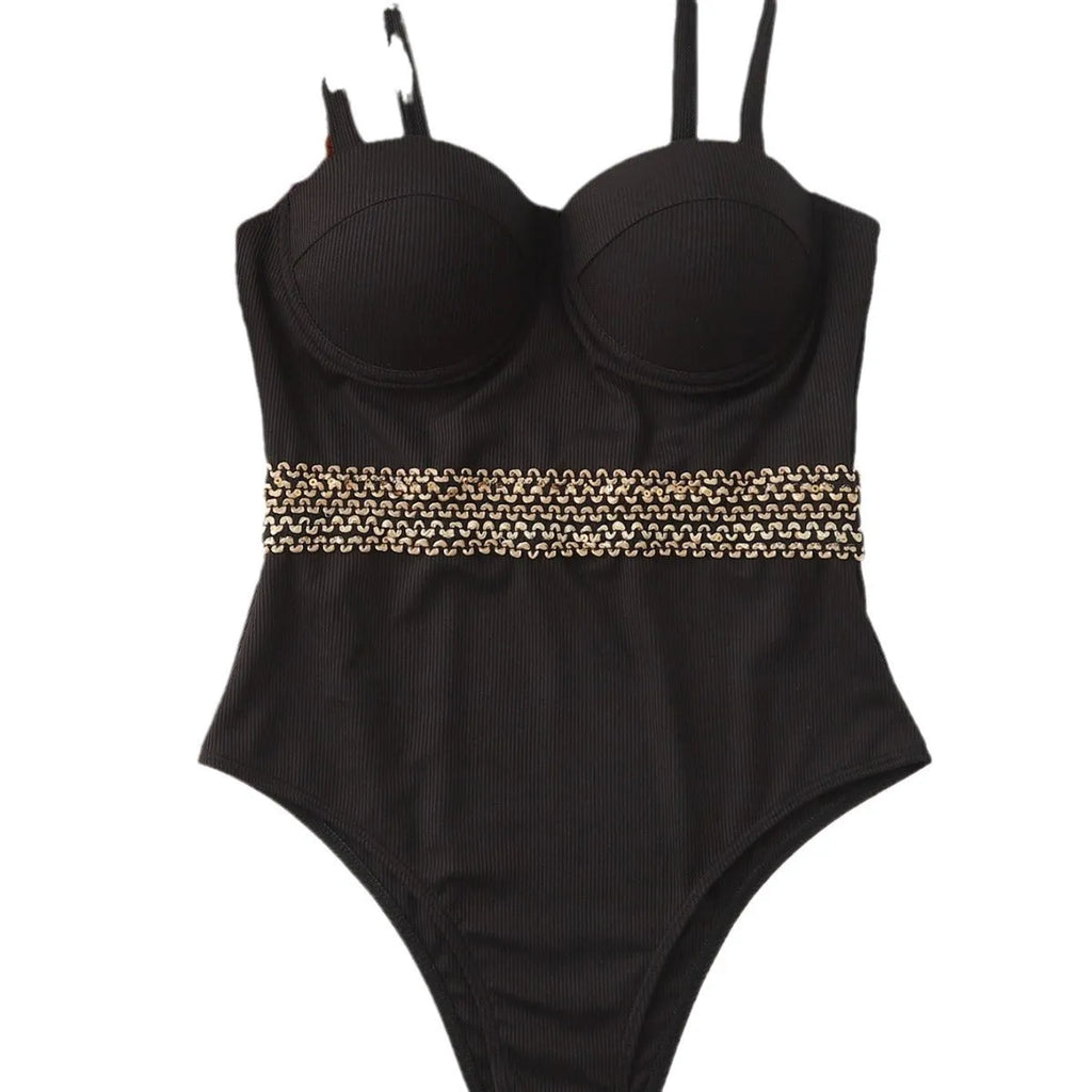 Black women's one-piece swimsuit with adjustable shoulder strap on a mannequin.