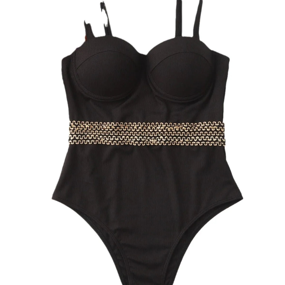 Black women's one-piece swimsuit with adjustable shoulder strap on a mannequin.