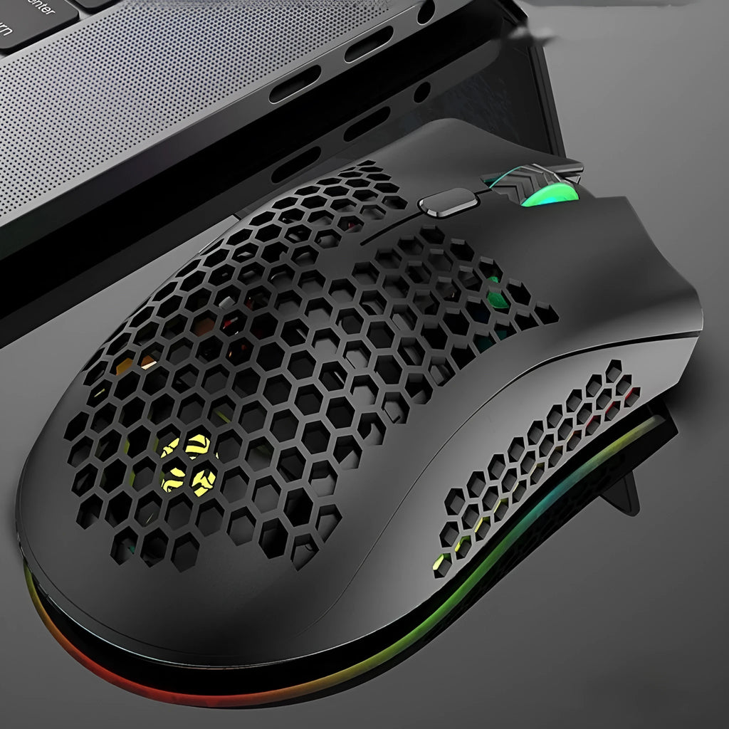 Hollow out design wireless mouse with luminous charging feature in black, cyan, or white.