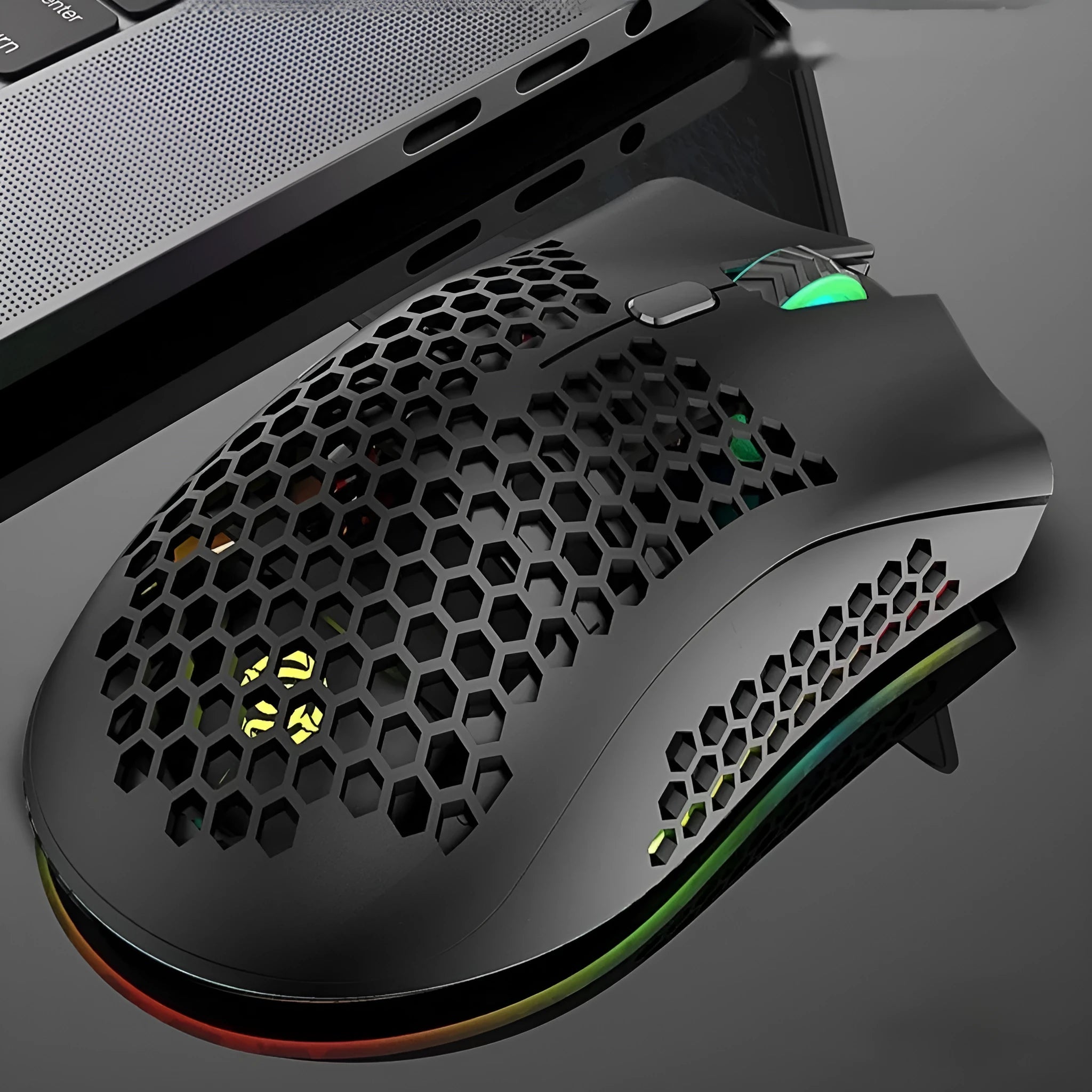 Hollow out design wireless mouse with luminous charging feature in black, cyan, or white.