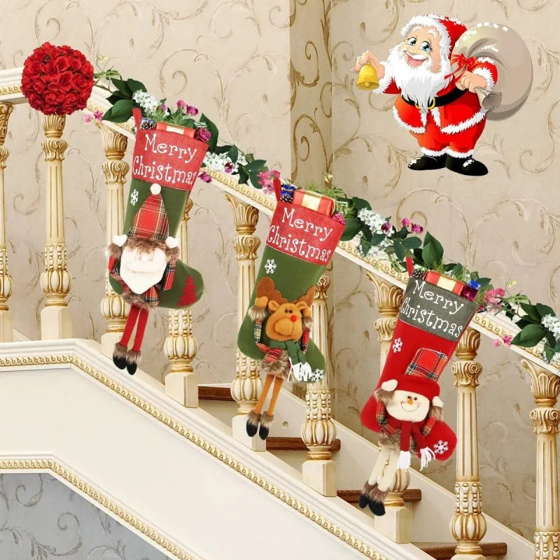 Three large Christmas stockings with 3D Santa, Snowman, and Reindeer designs hanging from loops
