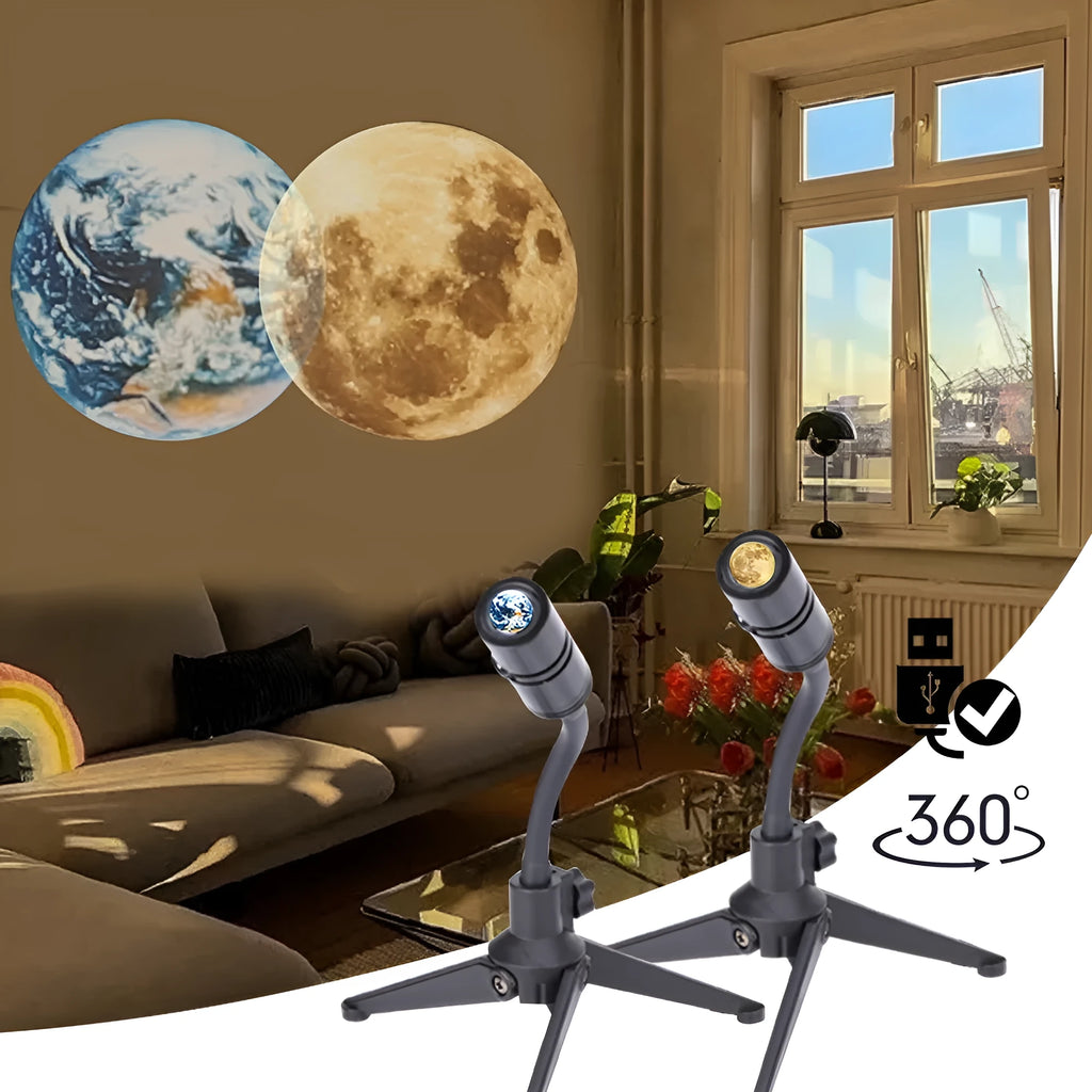 Adjustable Earth and Moon projection lamp with USB cable on a rotating hose bracket.