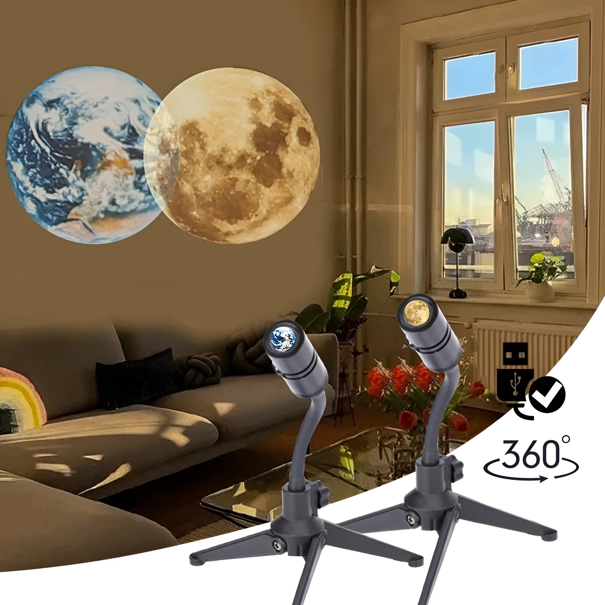 Adjustable Earth and Moon projection lamp with USB cable on a rotating hose bracket.