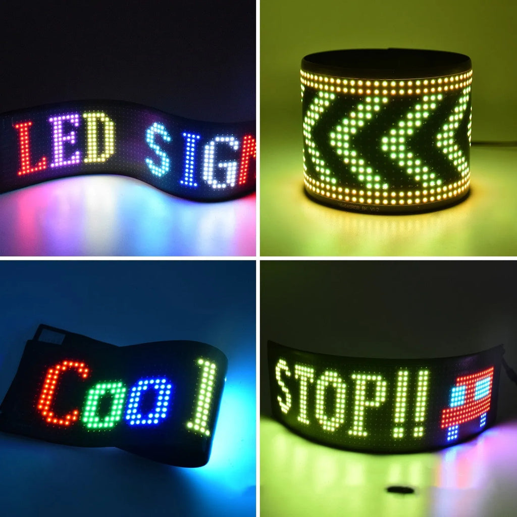 Ultra-thin programmable LED advertising display screen showing colourful animated text, bent to demonstrate flexibility.