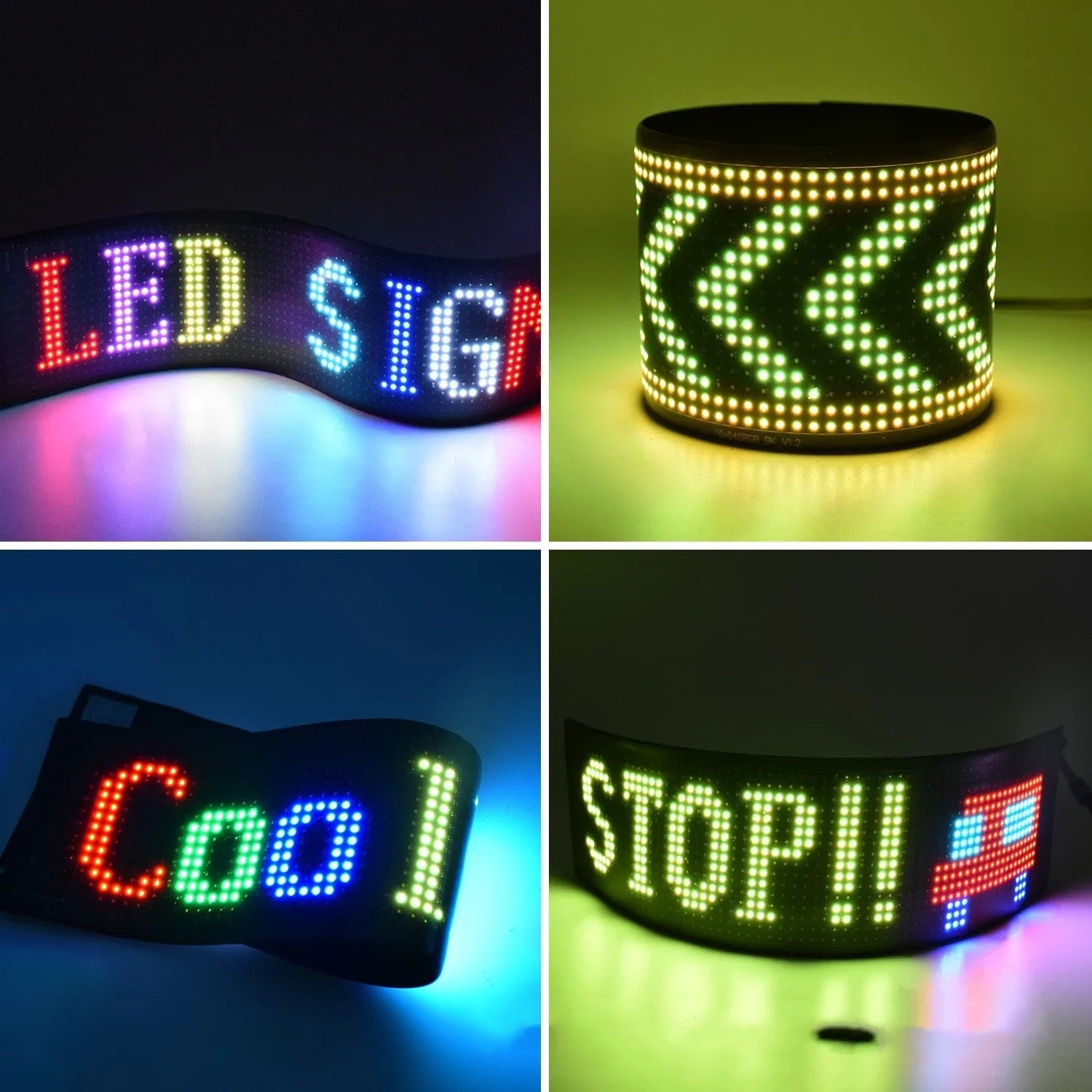 Ultra-thin programmable LED advertising display screen showing colourful animated text, bent to demonstrate flexibility.