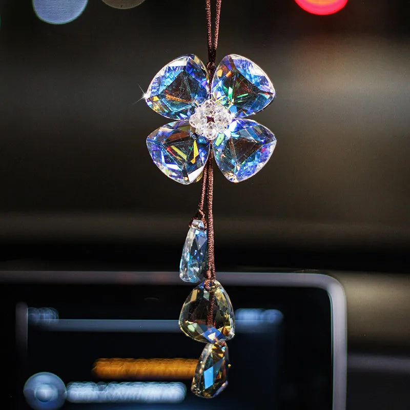 Crystal four leaf grass pendant for car interior decoration measuring approximately 20cm