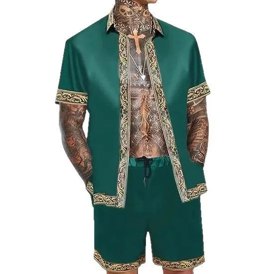 Men's casual loose short sleeve shirt and shorts set in Hawaiian suit style, polyester, eight styles, sizes S to 4XL