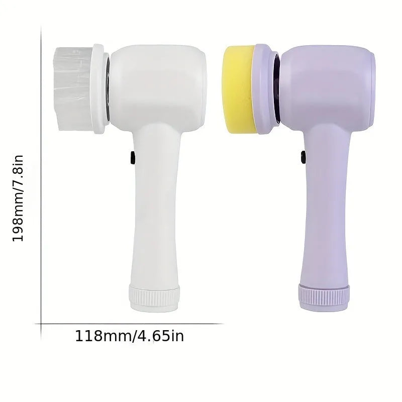 5-in-1 electric rotary brush cleaner with interchangeable heads for bathroom sink kitchen and window cleaning in white