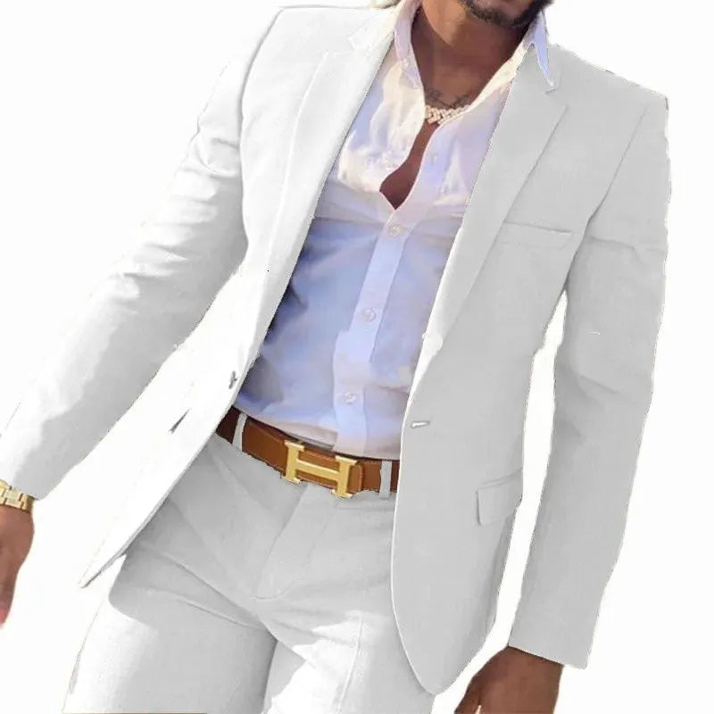 Classic men's cotton suit jacket and trousers on a hanger, available in multiple solid colours.