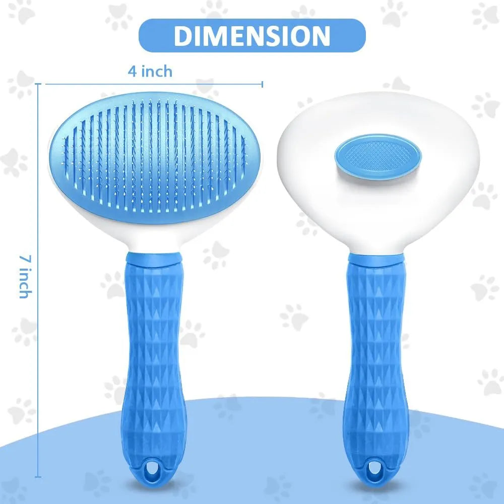 Blue cat grooming brush with a release button for removing loose fur and tangles.
