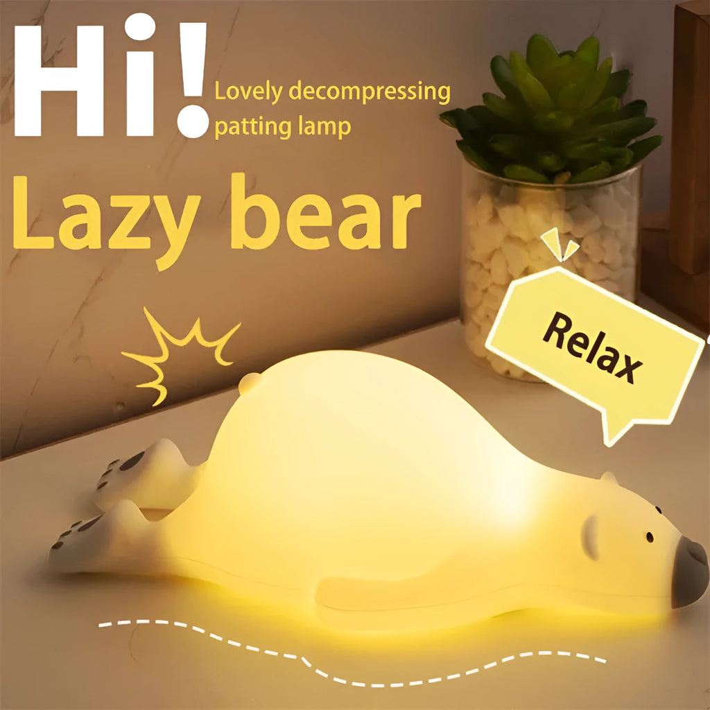 White bear silicone night light on bedside table with soft glow USB rechargeable children's lamp
