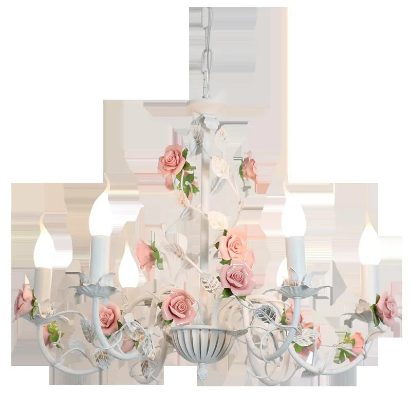 Wrought iron chandelier with flower and plant detailing, 3 6 or 8 heads, 220V, French pastoral style