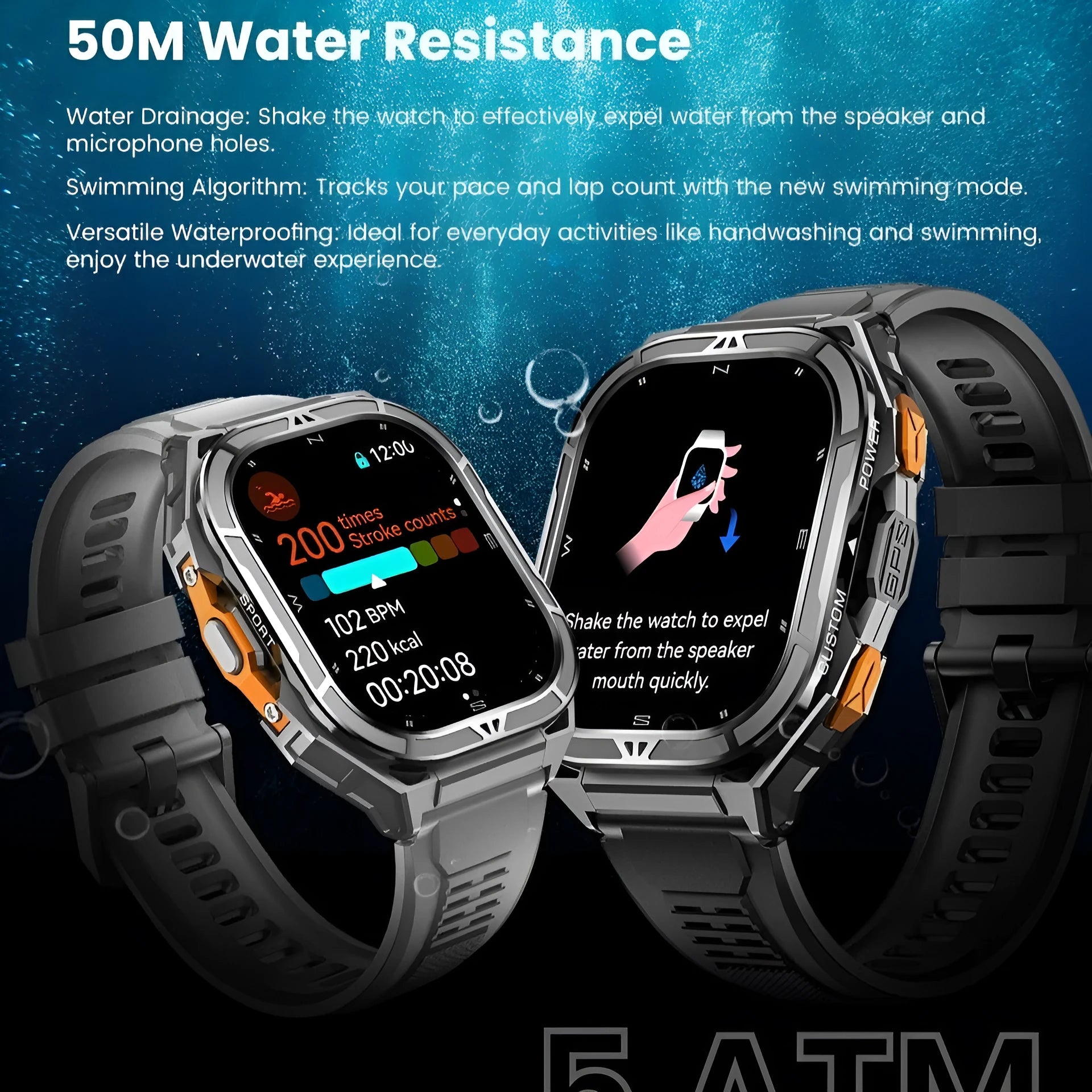 X5 smart watch in black with AMOLED display showing health metrics on wrist