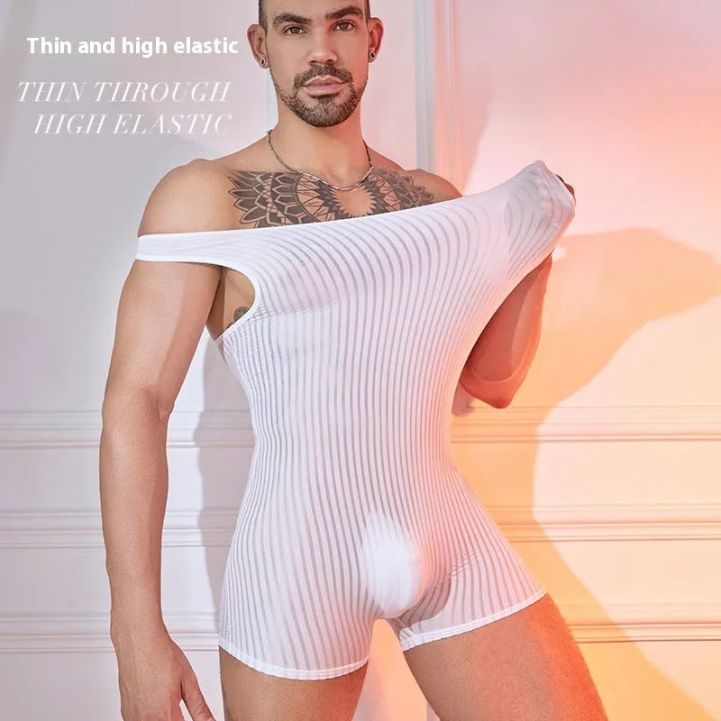 Men's black and white striped nylon jumpsuit with free size fit for summer casual wear