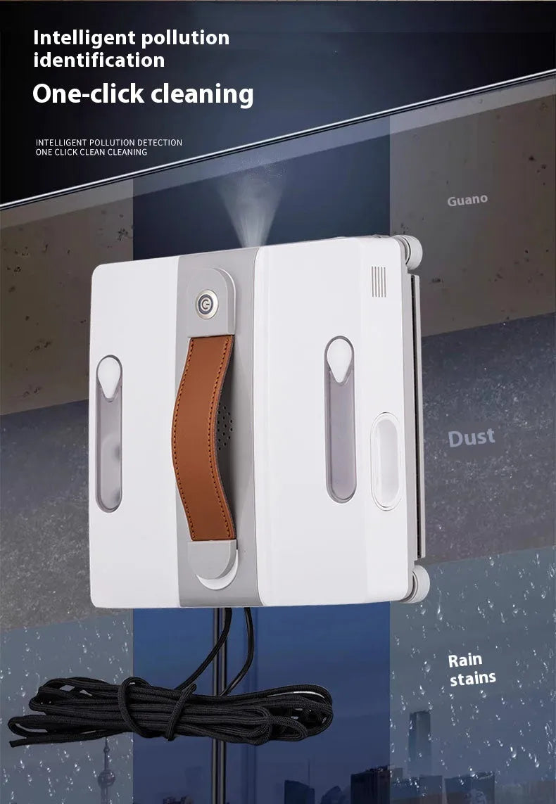White intelligent window cleaning robot for high-rise buildings on a window pane.