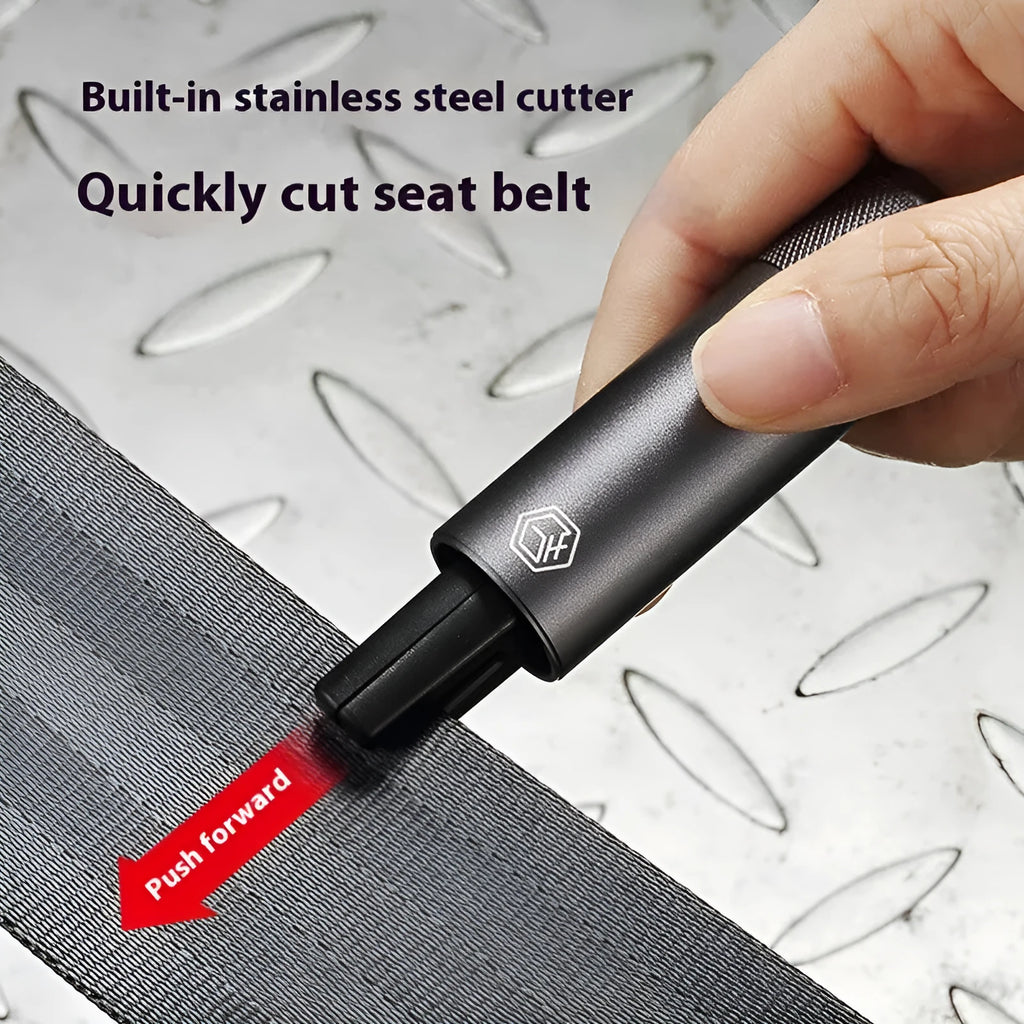 Gun grey aluminium car safety hammer with seatbelt cutter measuring 87mm length