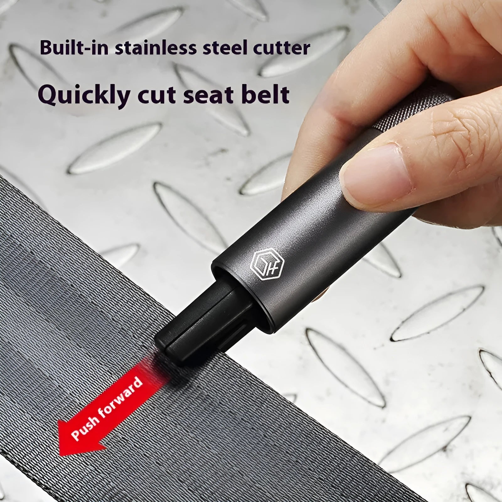 Gun grey aluminium car safety hammer with seatbelt cutter measuring 87mm length
