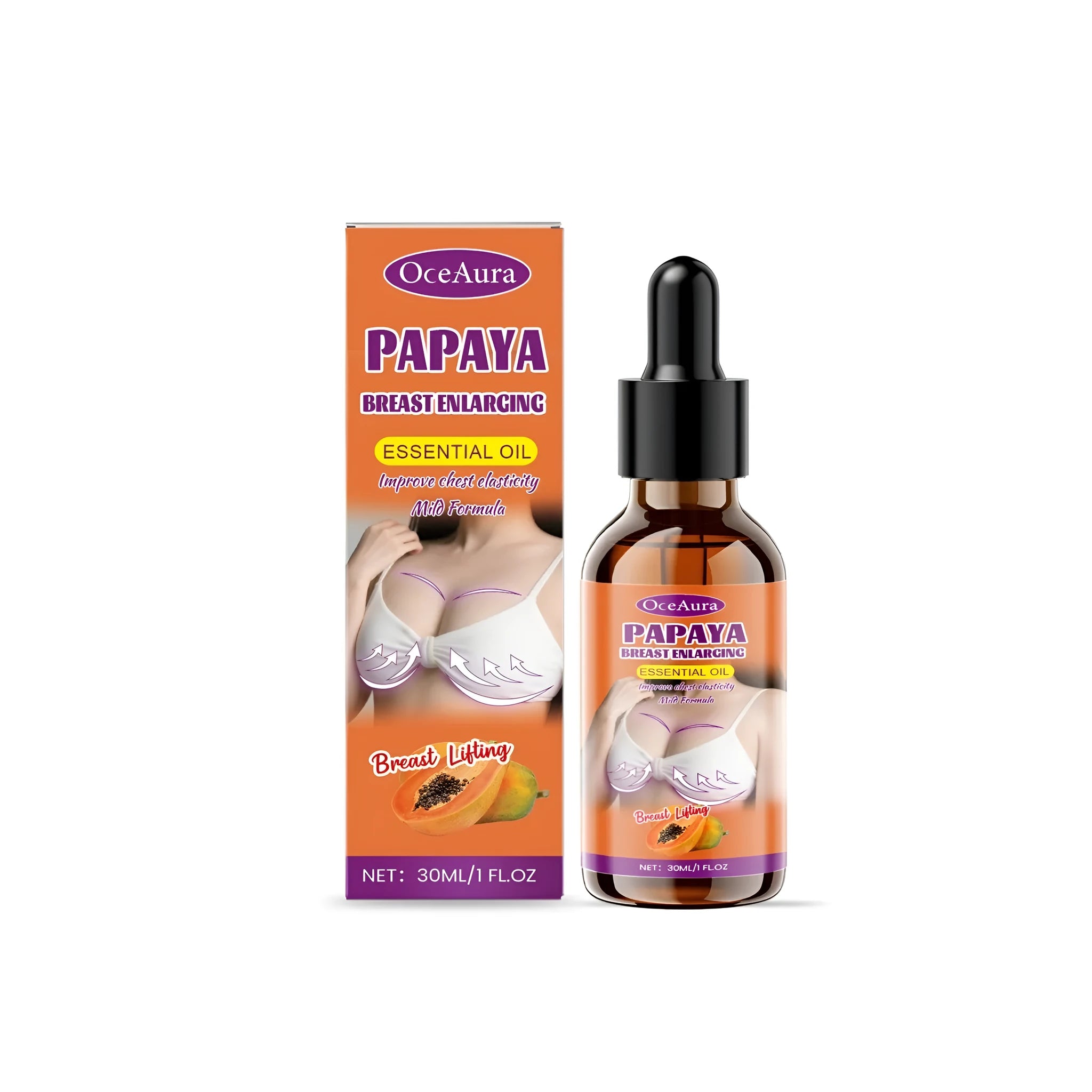Papaya breast enhancement oil 30ml bottle with papaya seed, jojoba seed, and coffee seed oils