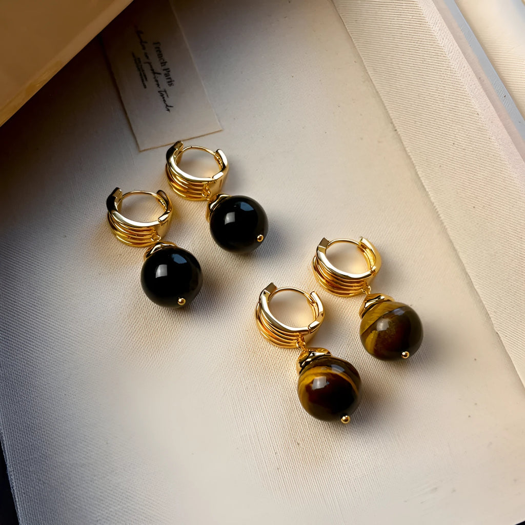 Geometric tigereye stone earrings for women with gold plating in brown and black colour options.
