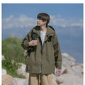Men's windproof jacket in military green, loose fit, hooded, long sleeves, polyester, casual coat for autumn.