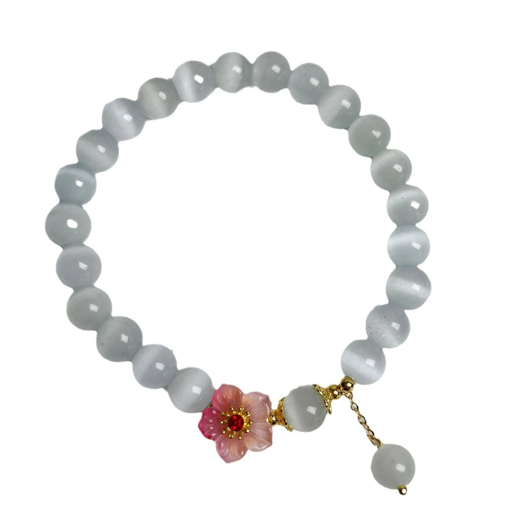 White opal flower beaded bracelet with glass and coloured glaze materials, handcrafted Chinese style design