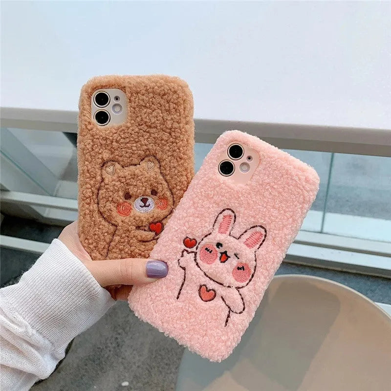 Plush love bear rabbit TPU phone case in pink and brown for iPhone models