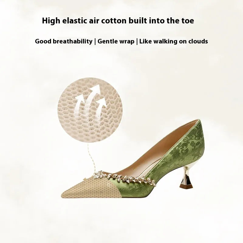 Chinese style satin wedding high heels with rhinestone decoration in champagne colour