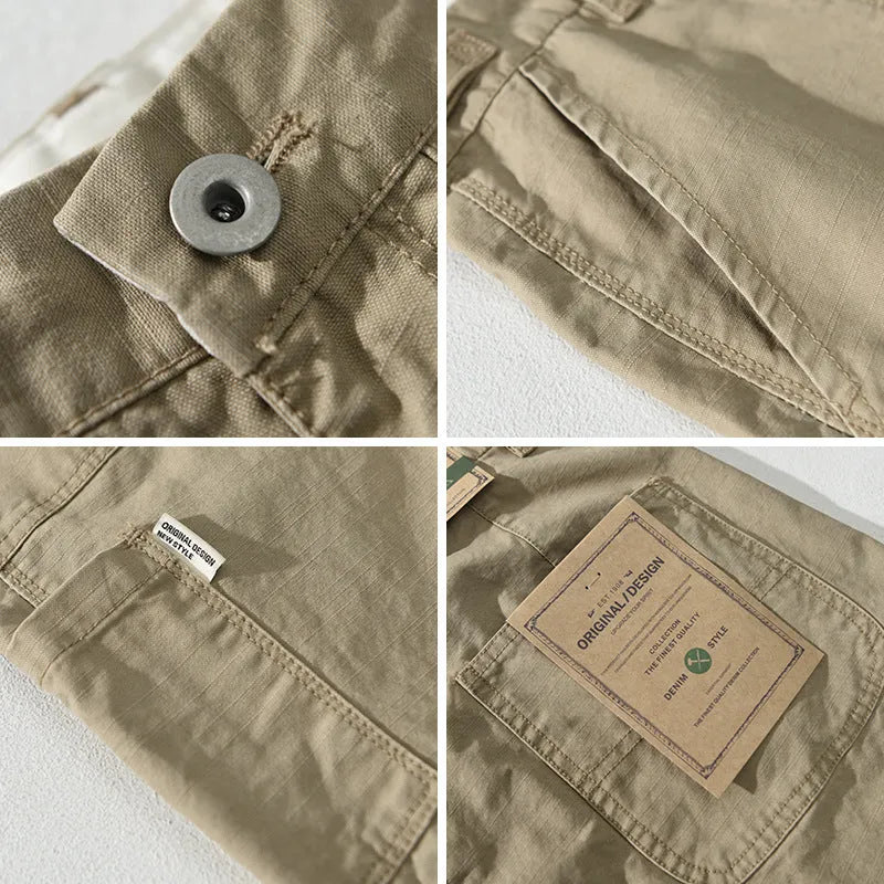 Men's straight-leg cotton work trousers in apricot, brown, and army green colours
