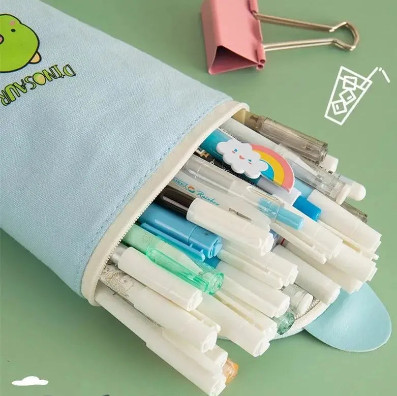 Round canvas pencil case with cartoon pattern for school stationery storage