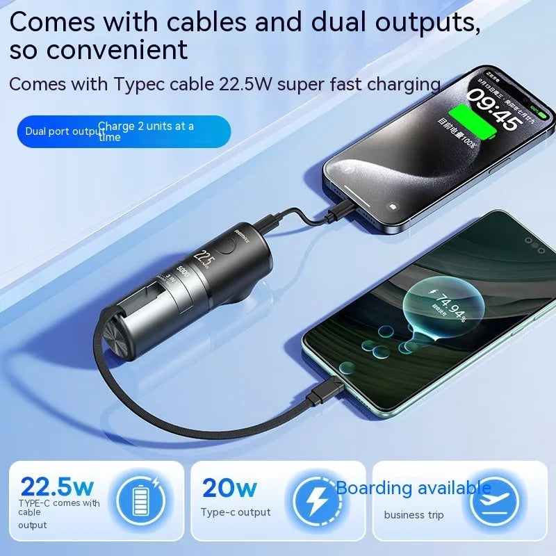 20W fast charge mobile power supply with built-in cable, 5000mAh, 150 x 75 x 46 mm, in silver ink or silver white