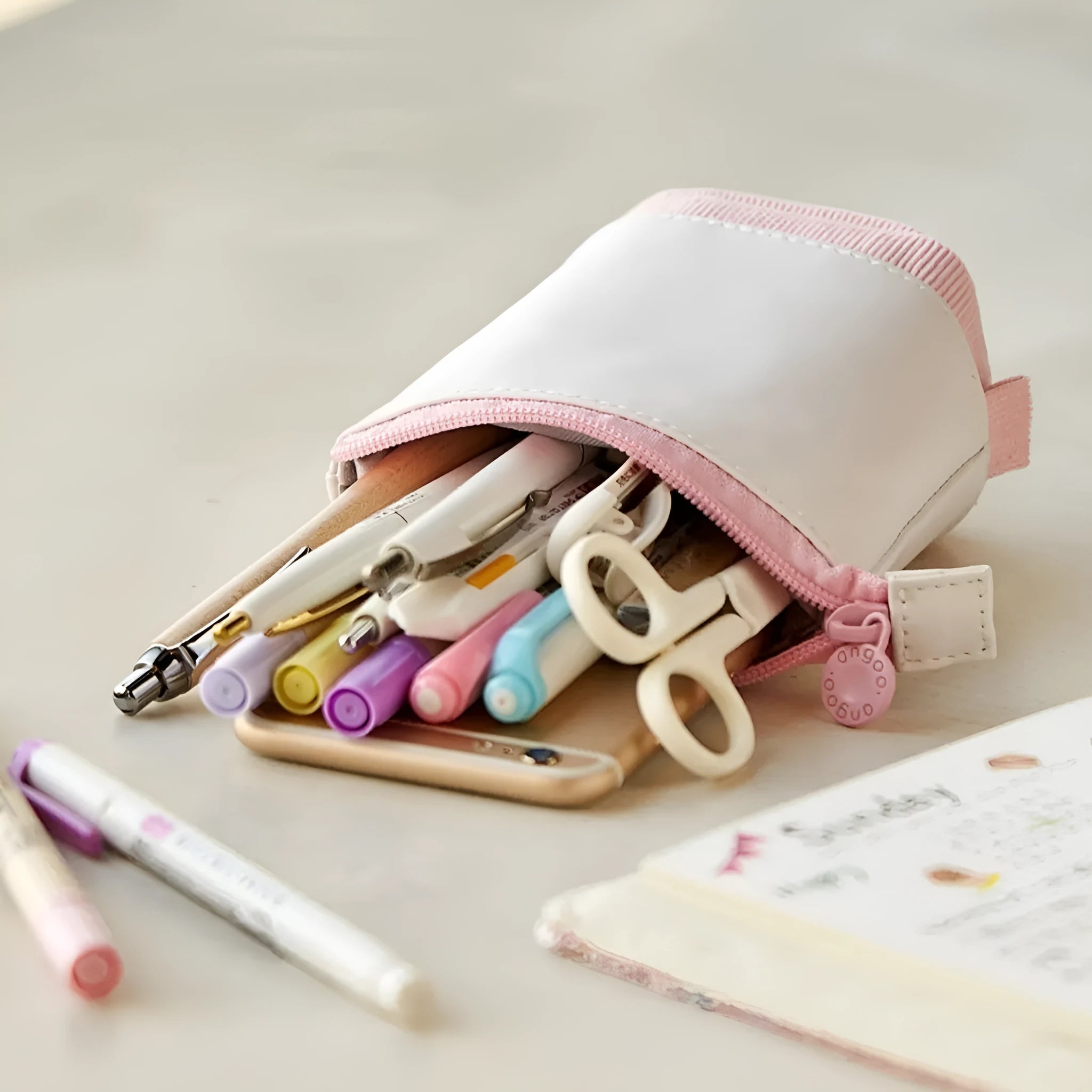 Korean-style telescopic stationery case in soft corduroy, shown in multiple colour options.