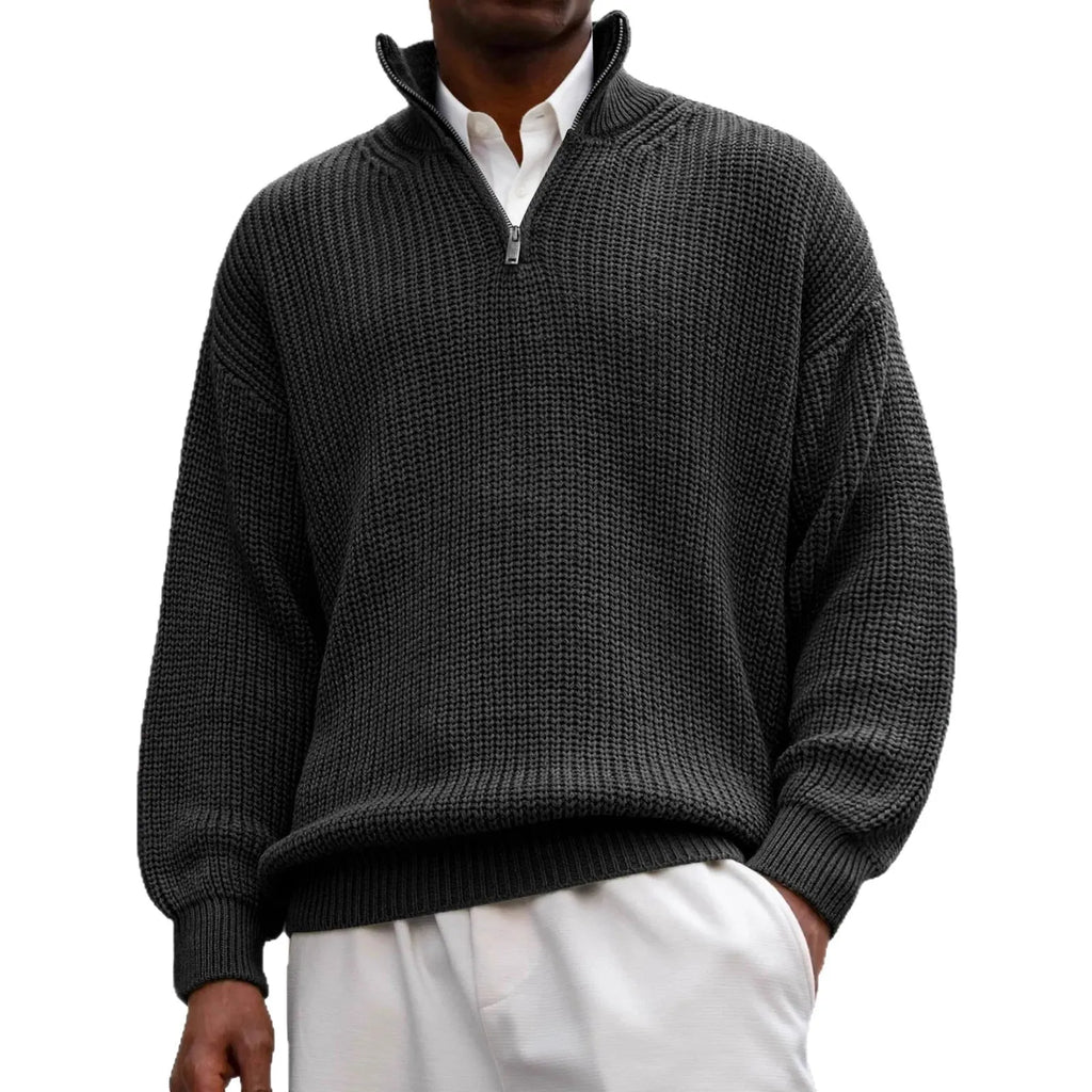 Men's half zip polo neck sweater, long sleeve loose fit pullover in black, gray, navy blue, green, brick red, army green, blue or brown
