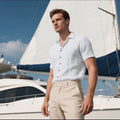 Men's loose fit linen short-sleeved cardigan shirt in cotton blend fabric, solid colour