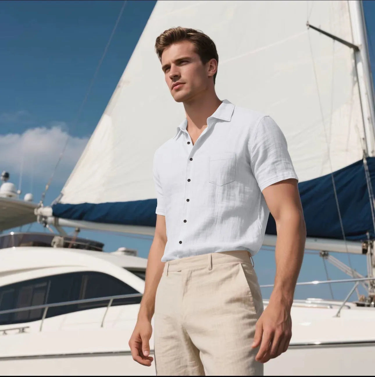 Men's loose fit linen short-sleeved cardigan shirt in cotton blend fabric, solid colour