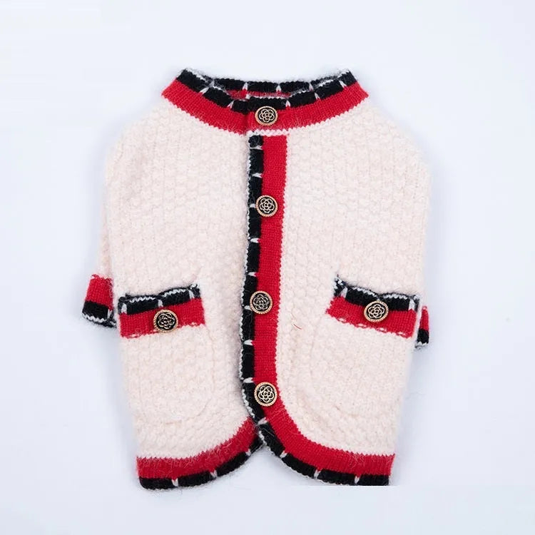 Blue wool sweater cardigan for dog in princess style with tailored pet fit