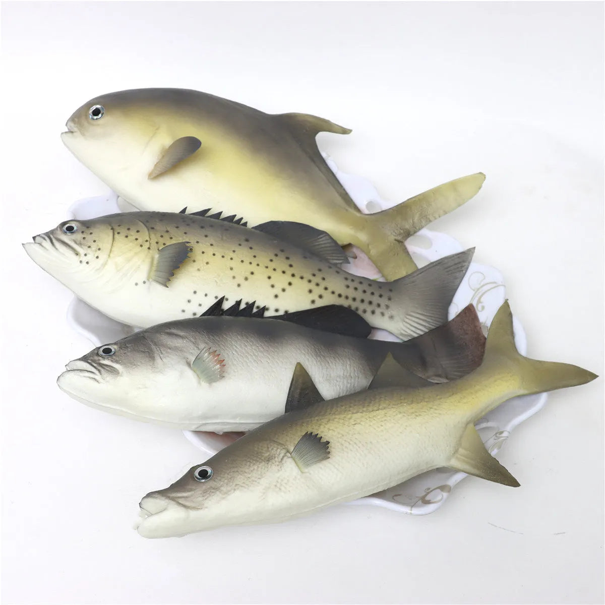 PU simulated fish ornament set showing yellow-fin tuna, small tuna, and yellow croaker marine models
