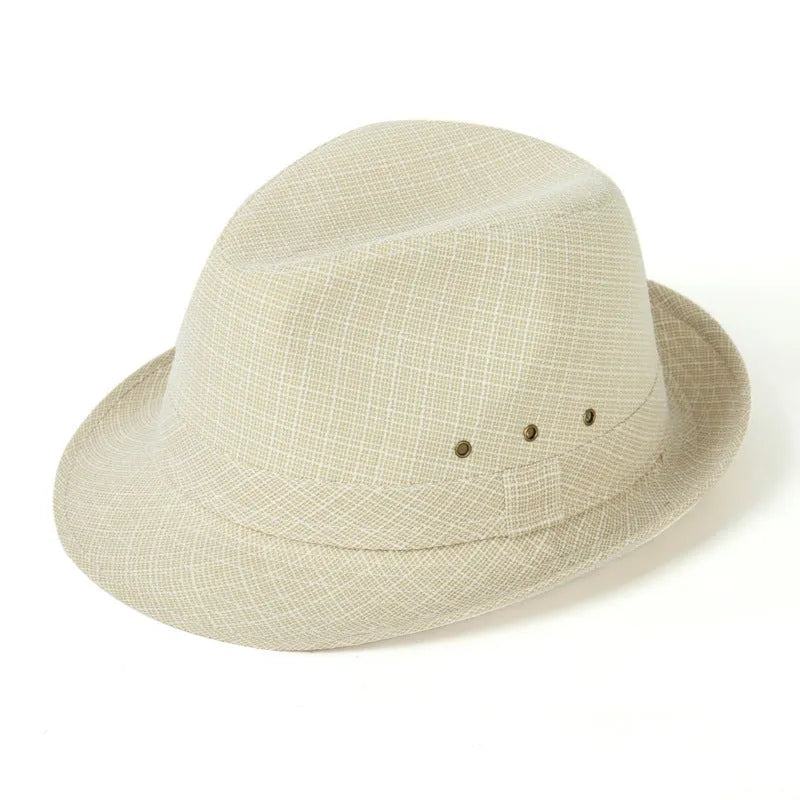 Classic brown fedora hat for men with a reinforced brim, shown on a wooden stand.