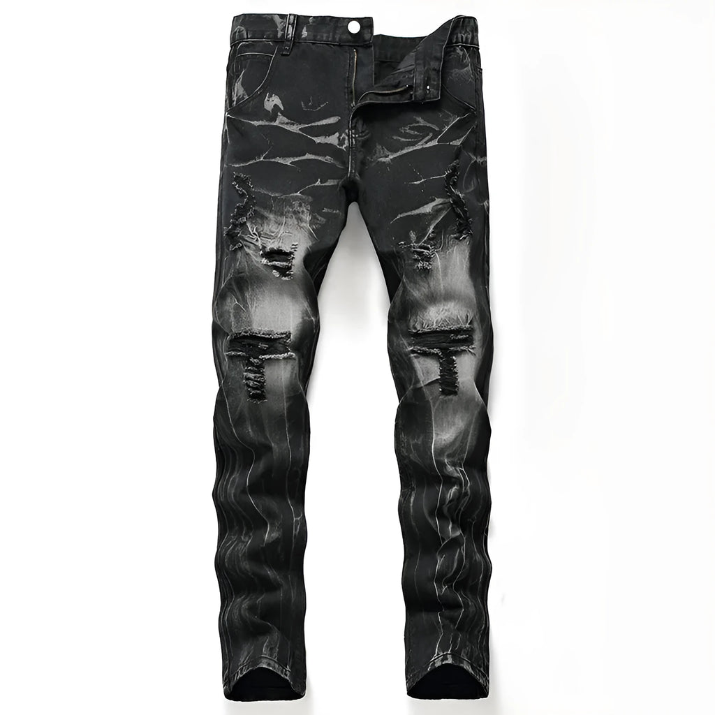Men's ripped black straight-leg cotton denim jeans, mid-waist with zipper fly, size 28-42
