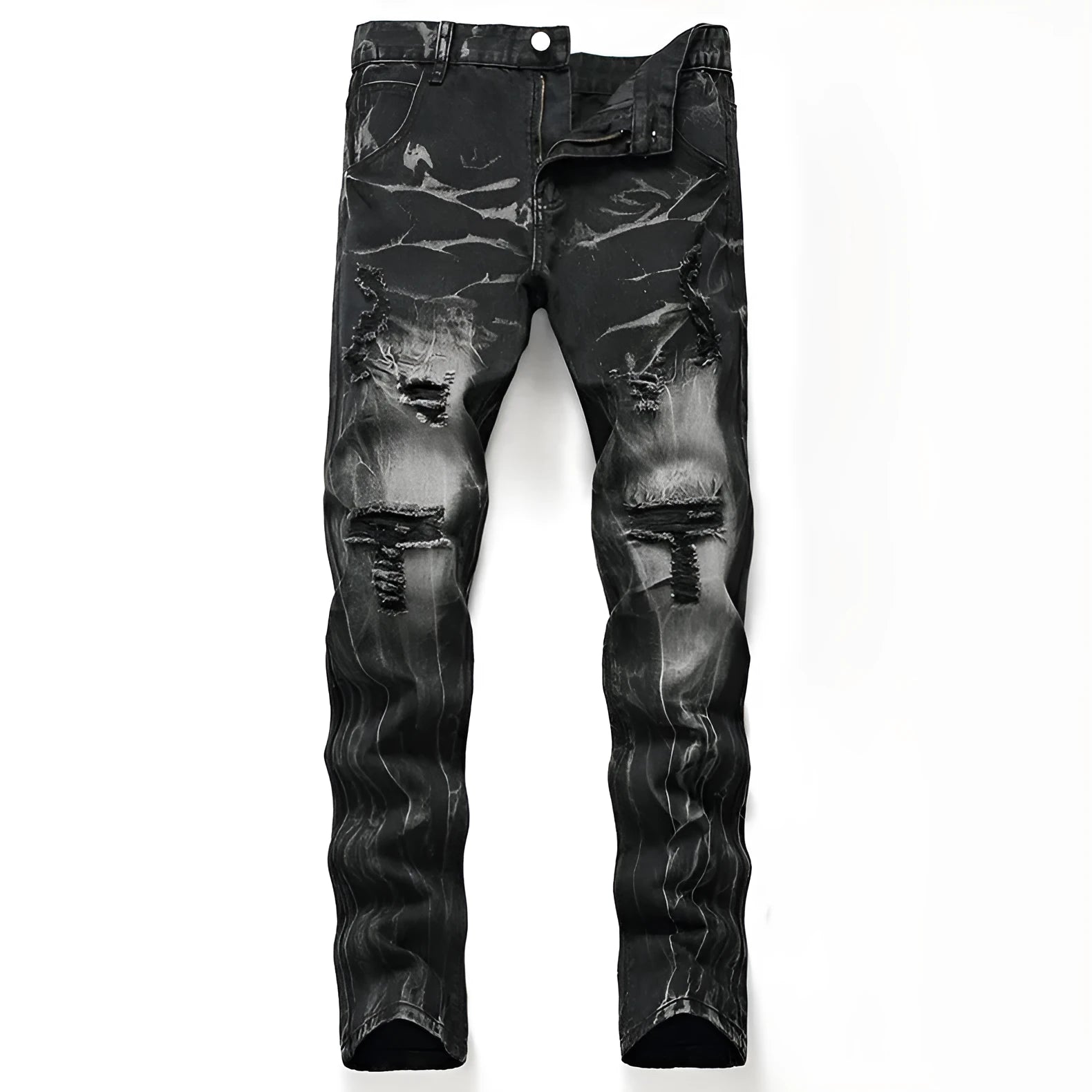 Men's ripped black straight-leg cotton denim jeans, mid-waist with zipper fly, size 28-42