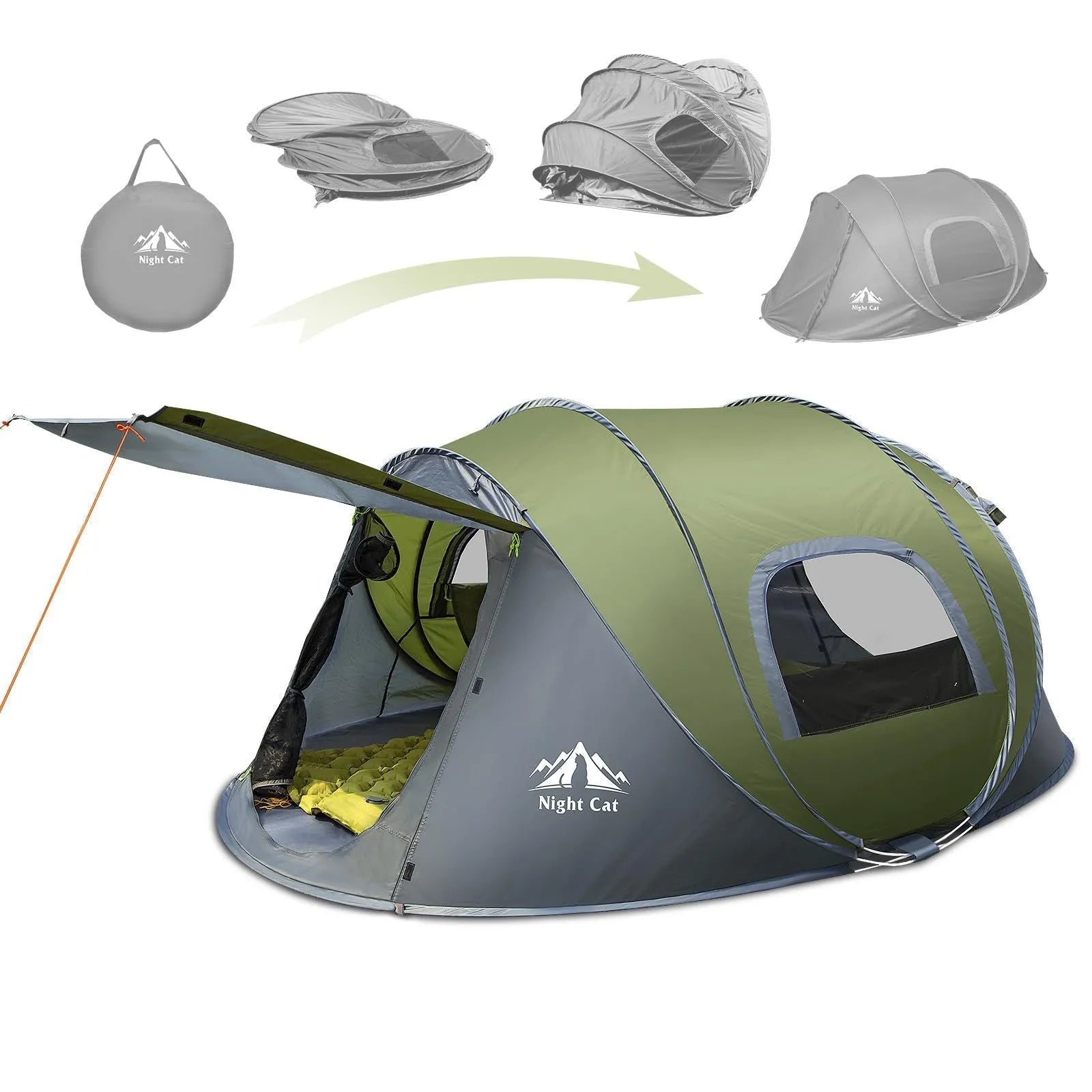 Dark green automatic pop-up tent set up in a field, showing its compact two-person size and instant design.
