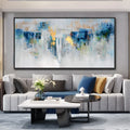 Handmade modern abstract oil painting on canvas blue and gold horizontal landscape frameless unstretched rolled