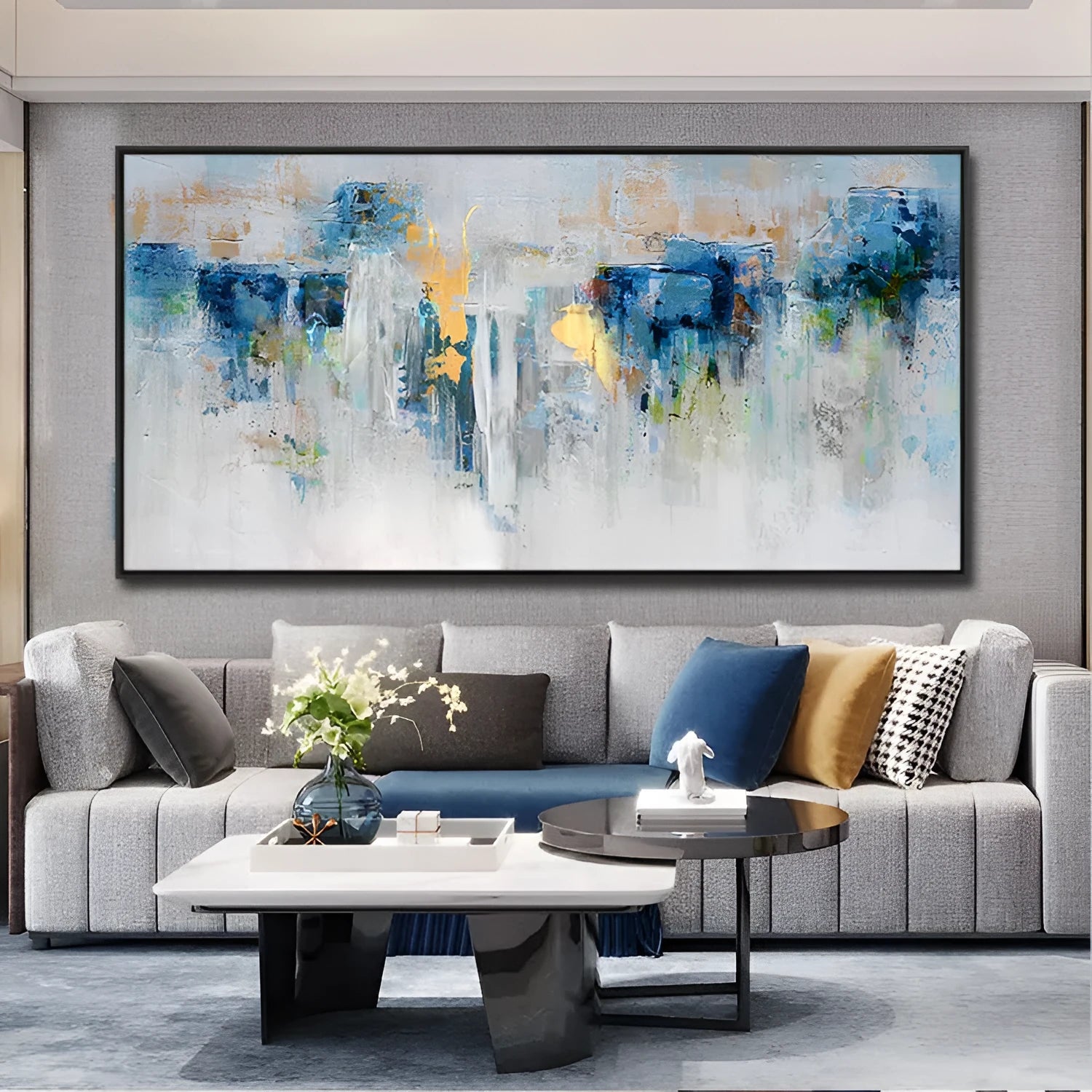 Handmade modern abstract oil painting on canvas blue and gold horizontal landscape frameless unstretched rolled
