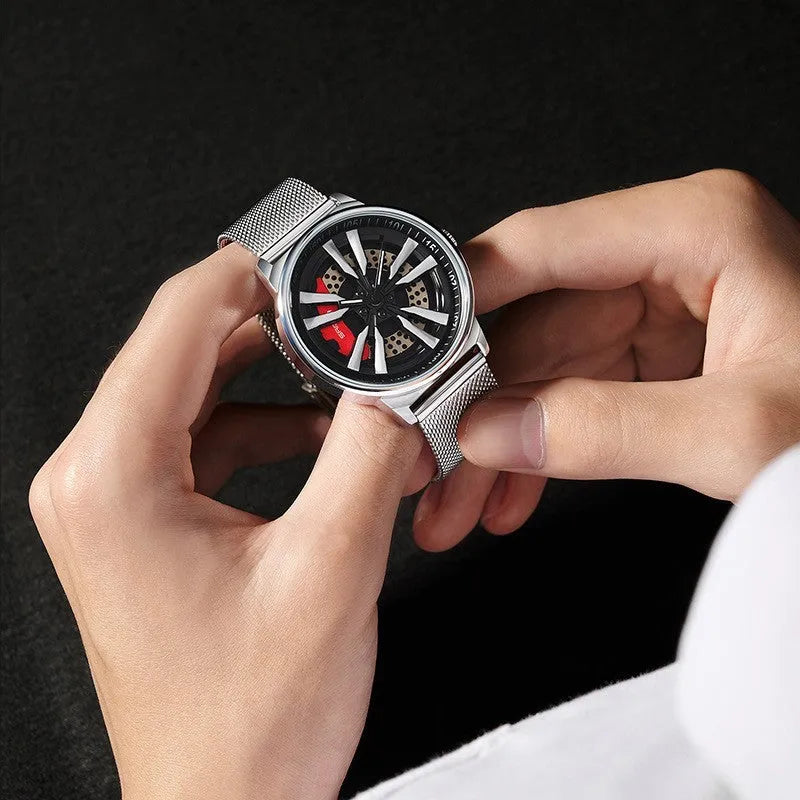 Men's creative rotating wheel quartz watch, 44mm dial, alloy case, mineral glass, on blue mesh belt